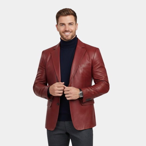 Plush Polyester Lining Maroon Leather Blazer