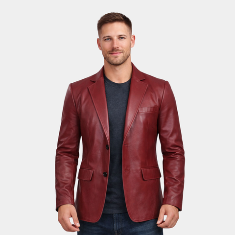 Plush Polyester Lining Maroon Leather Blazer