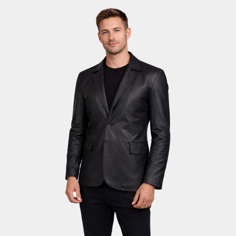 Polyester Lining Black Leather Blazer