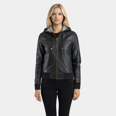 Rebella Black Hooded Leather Bomber Jacket