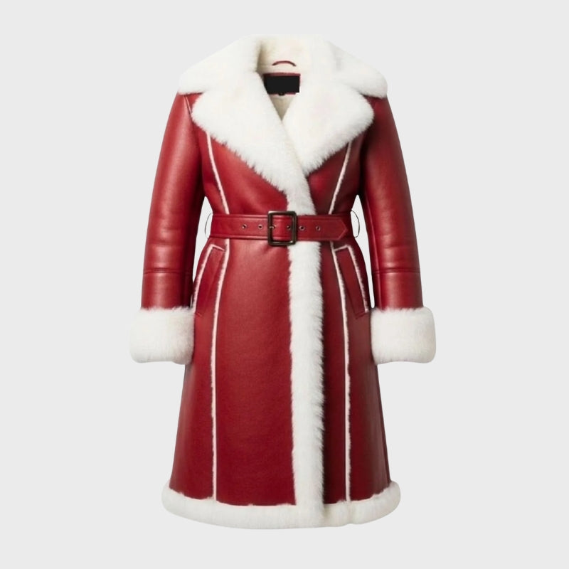 Red Santa Jacket Handmade – Unisex Christmas Leather Coat with White Shearling Trim