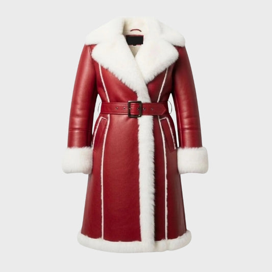 Red Santa Jacket Handmade – Unisex Christmas Leather Coat with White Shearling Trim