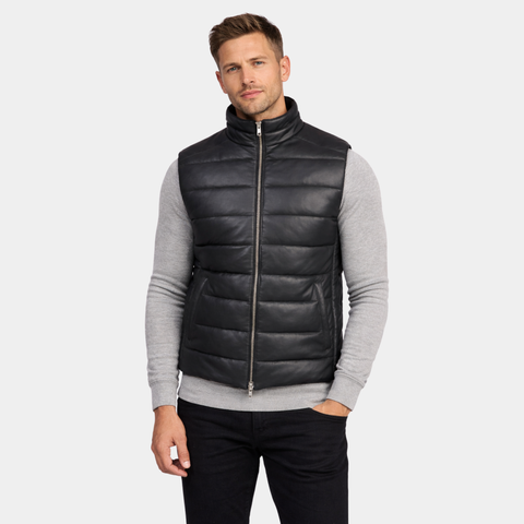 Reeves Black Leather Puffer Vest