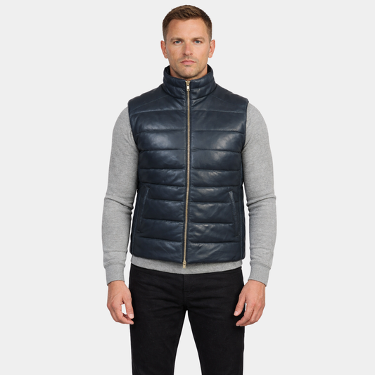 Reeves Blue Leather Puffer Vest