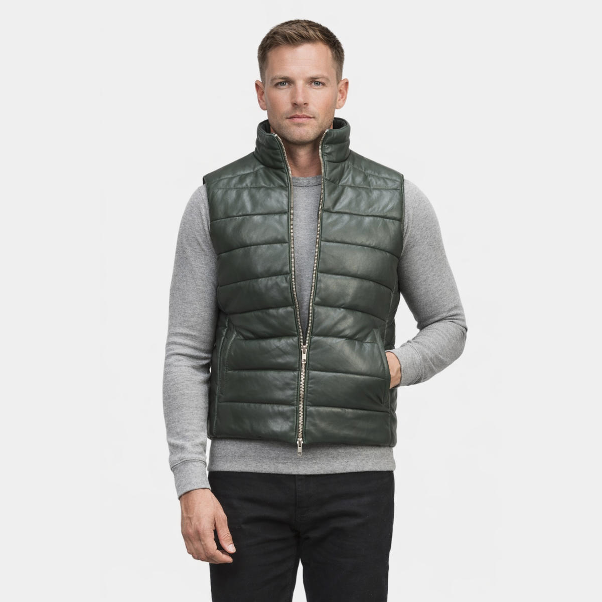 Reeves Green Leather Puffer Vest