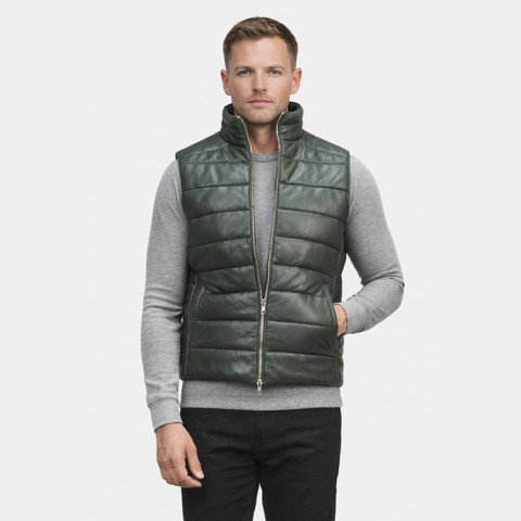 Reeves Green Leather Puffer Vest