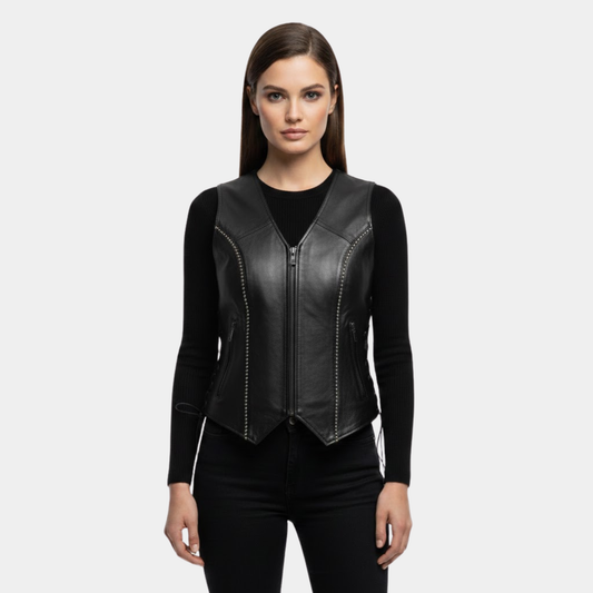 Rhinestone Black Leather Vest