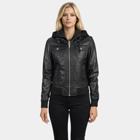 Roslyn Black Hooded Leather Bomber Jacket