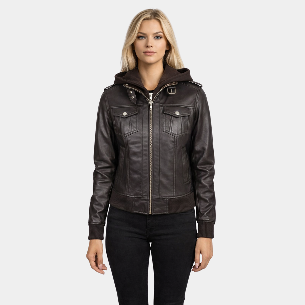 Roslyn Brown Hooded Leather Bomber Jacket
