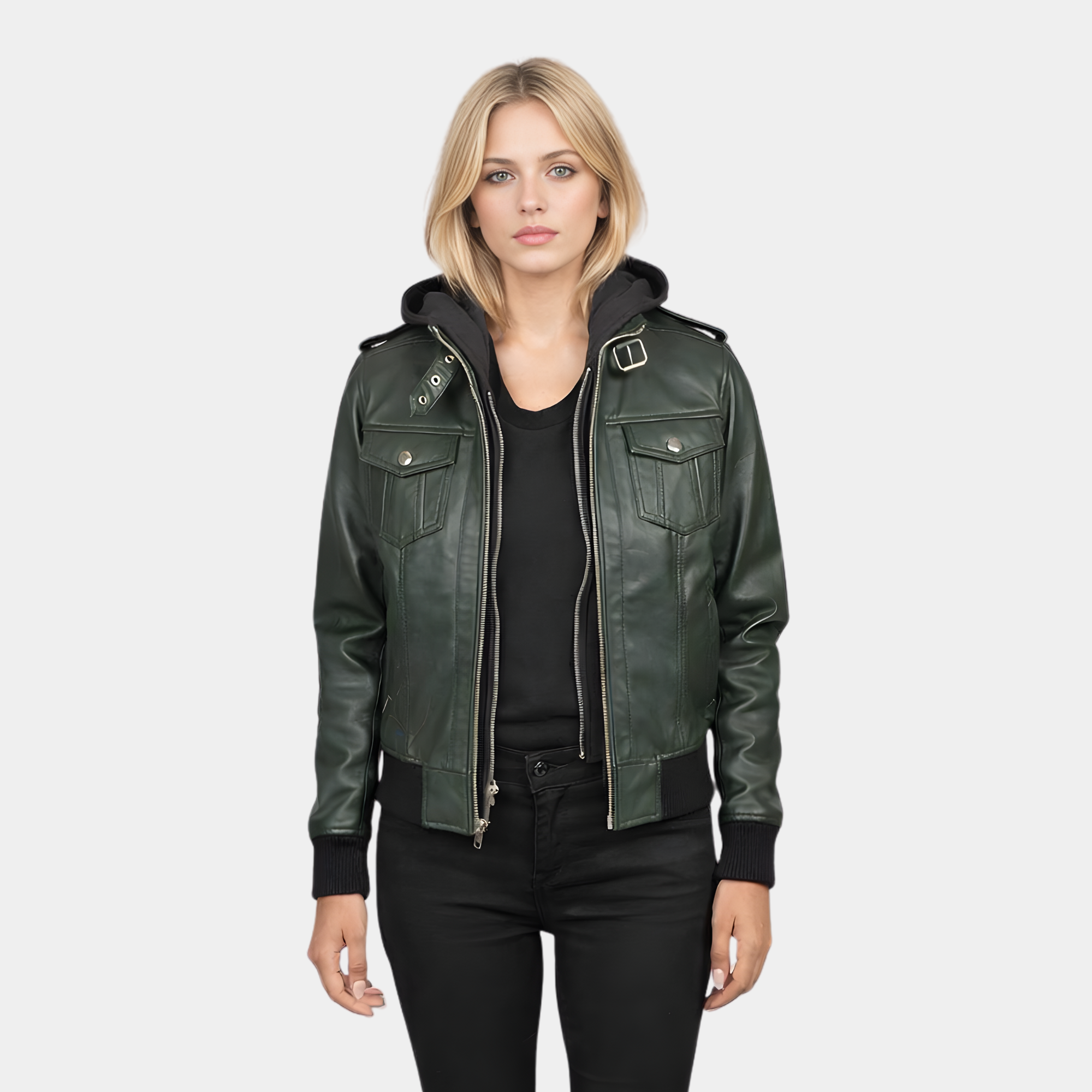 Roslyn Green Hooded Leather Bomber Jacket - Leather Clan