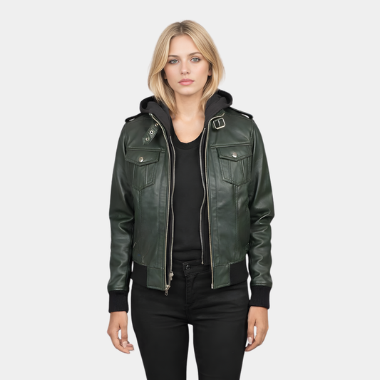 Roslyn Green Hooded Leather Bomber Jacket - Leather Clan