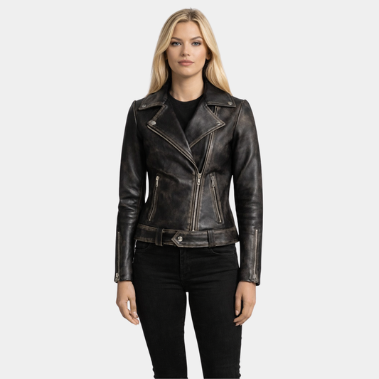 Rumy Distressed Brown Leather Biker Jacket