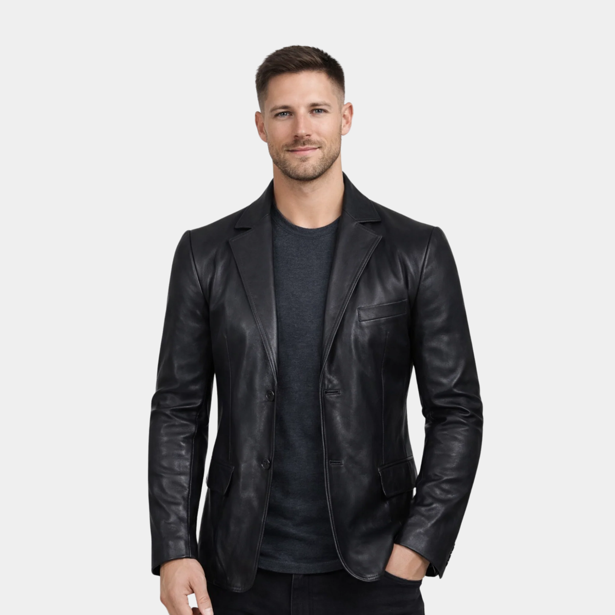 Men's Stylish Black Leather Blazer - Two Button
