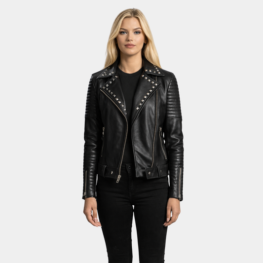 Sally Mae Studded Black Leather Biker Jacket - Leather Clan