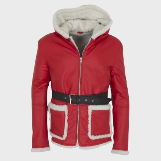 Santa Leather Coat | Christmas Costume Red Hooded Jacket