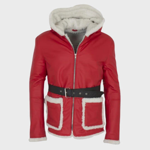 Santa Leather Coat | Christmas Costume Red Hooded Jacket