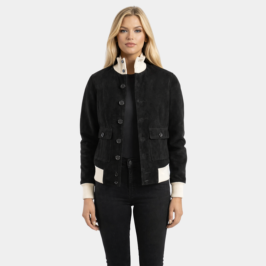 Sasha A1 Black Suede Bomber Jacket - Leather Clan