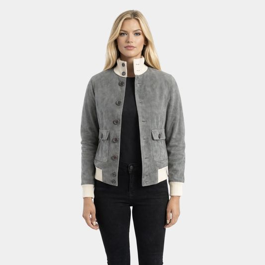 Sasha A1 Grey Suede Bomber Jacket - Leather Clan