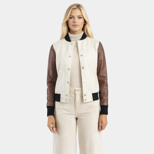 Savant White & Brown Hybrid Varsity Jacket - Leather Clan