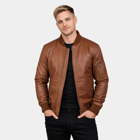 Semi-Aniline Brown Leather Bomber Jacket