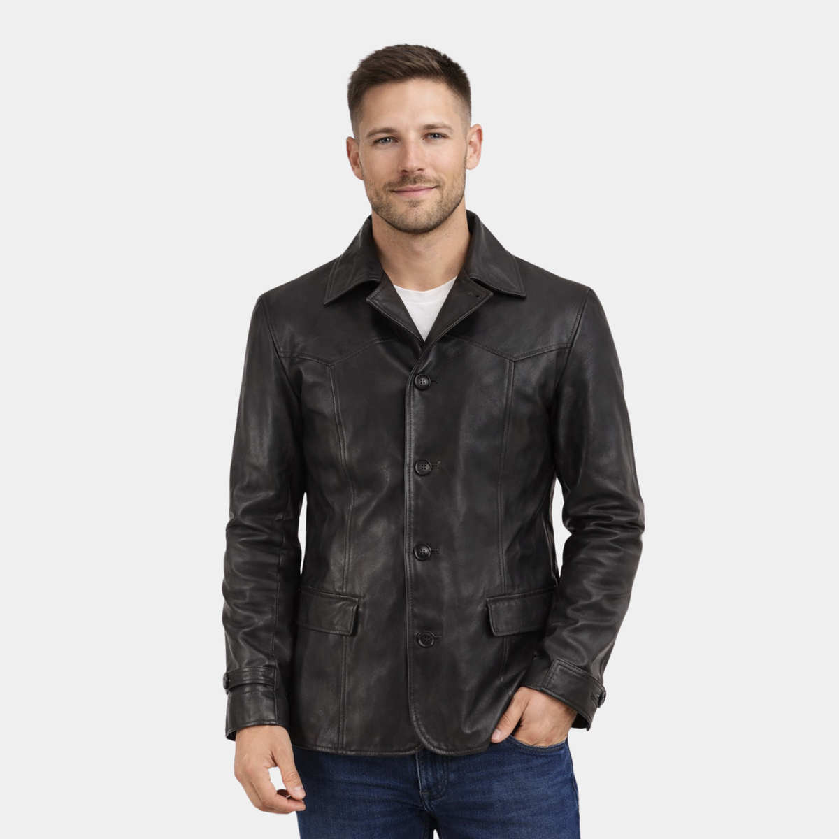 Semi-Aniline Black Leather Coat