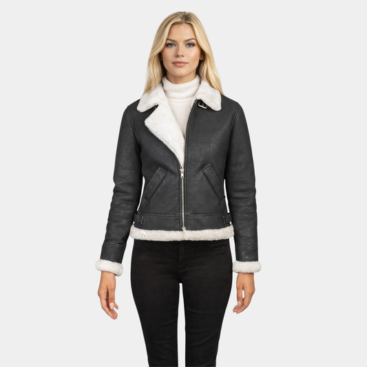 Sherilyn B-3 Black & White Leather Bomber Jacket - Leather Clan