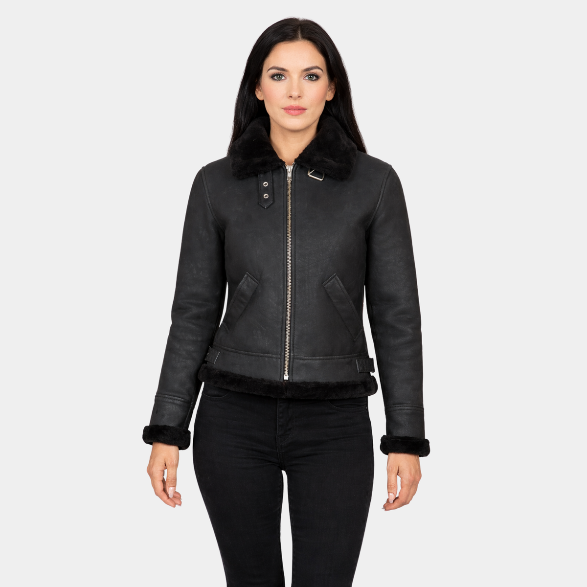 Sherilyn B-3 Distressed Black Leather Bomber Jacket - Leather Clan