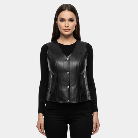 Sugar Skull Lined Black Leather Vest