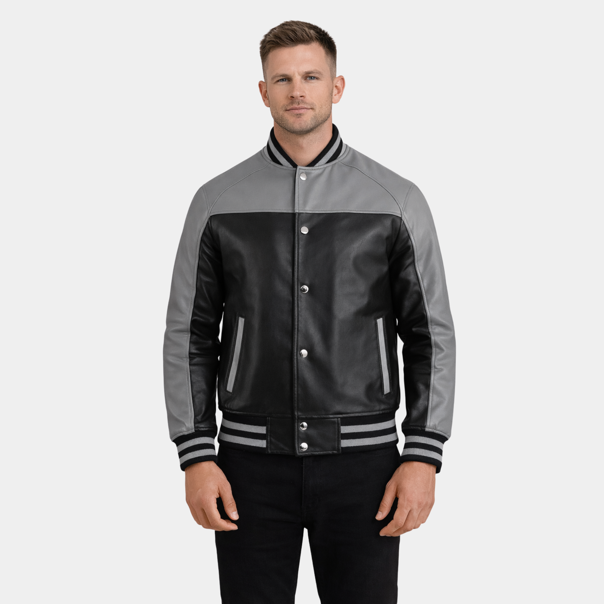 Terrance Black & Grey Leather Varsity Jacket - Leather Clan