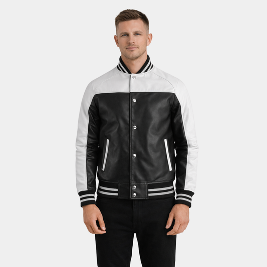 Terrance Black & White Leather Varsity Jacket - Leather Clan