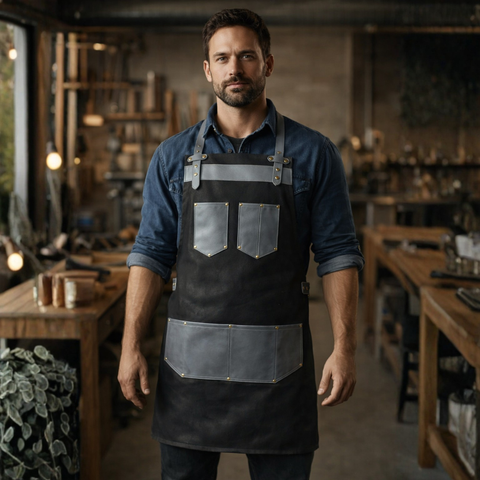The Kent Black Canvas and Grey Leather Pocket Apron