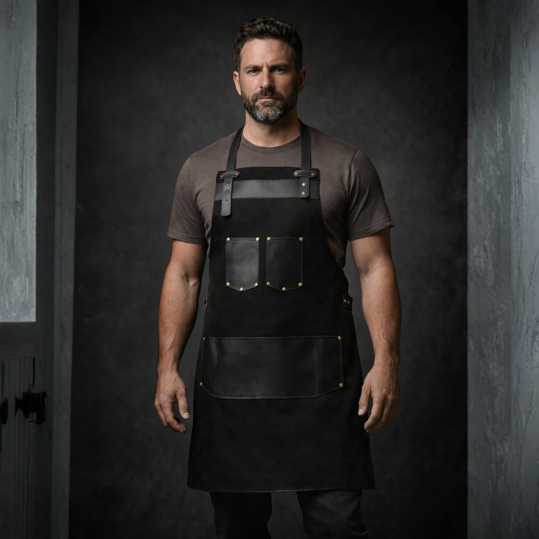 The Nottinghamshire Black Canvas Apron With Black Top Grain Leather Pocket
