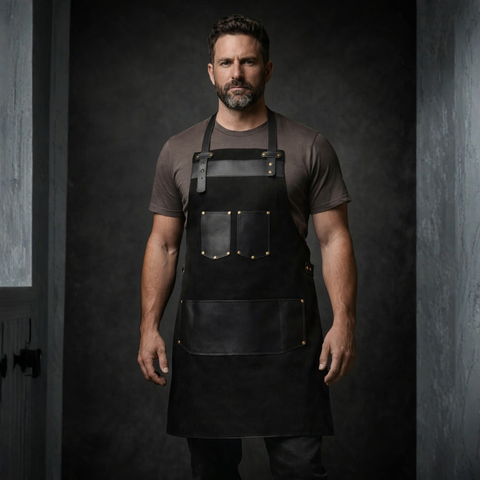 The Nottinghamshire Black Canvas Apron With Black Top Grain Leather Pocket