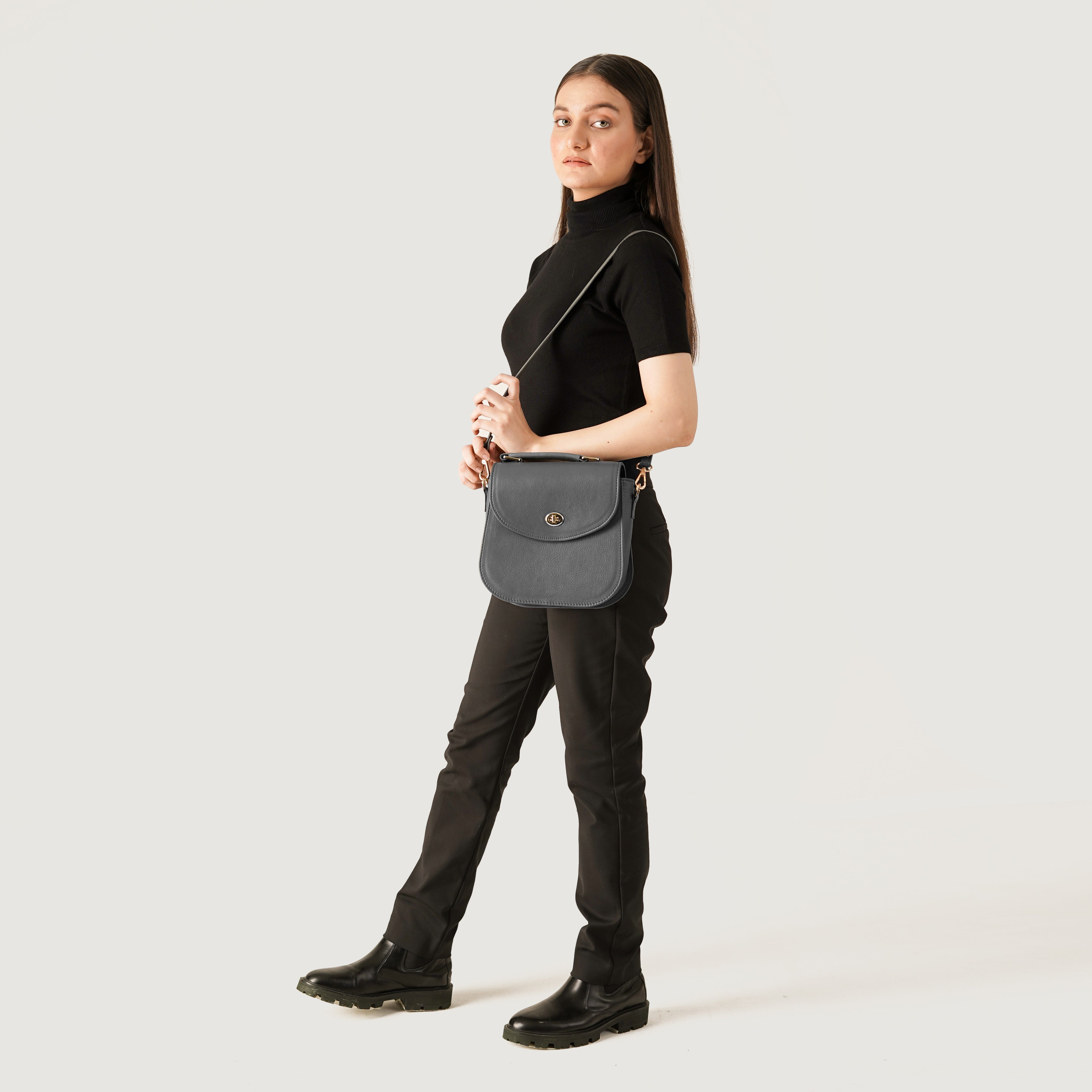 The Sandra Grey Leather Saddle Bag