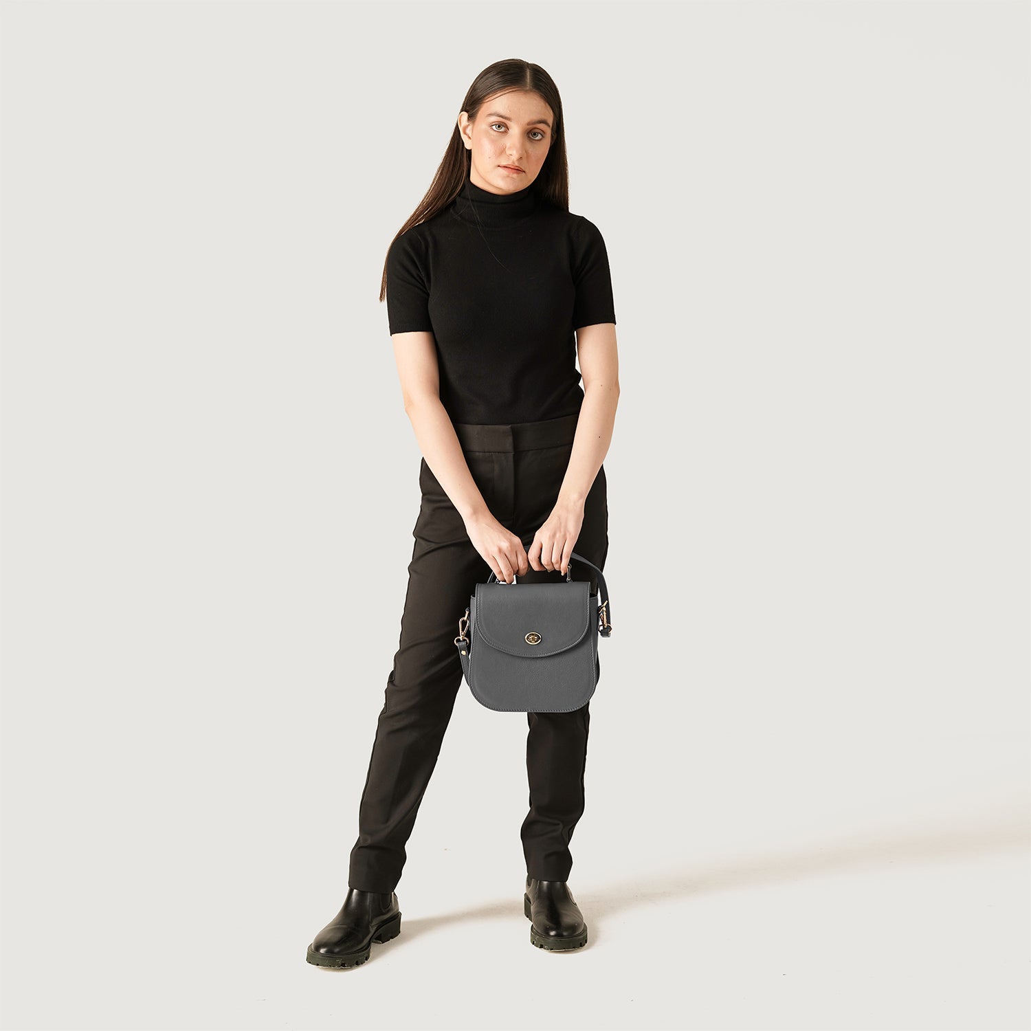 The Sandra Grey Leather Saddle Bag