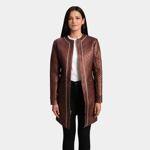 Trudy Lane Quilted Maroon Leather Coat - Leather Clan