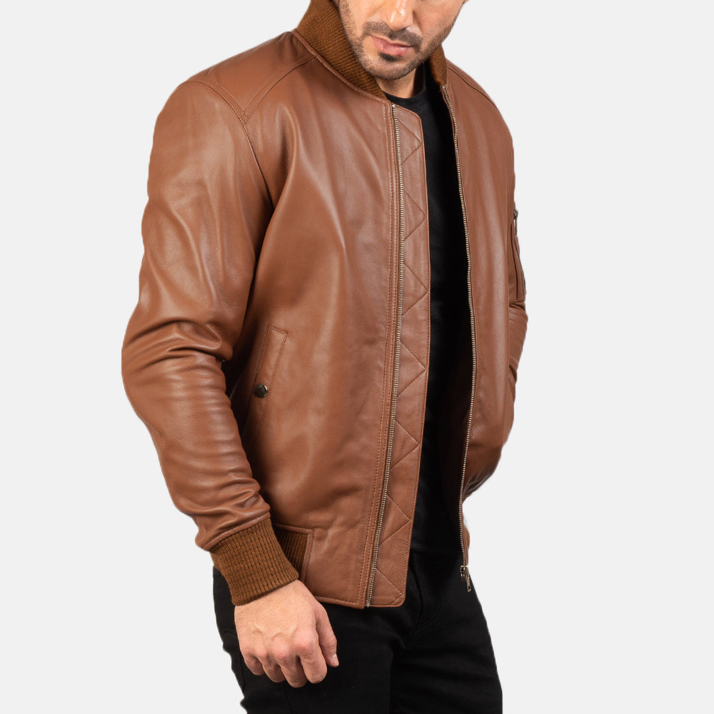 Semi-Aniline Brown Leather Bomber Jacket