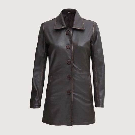Dark Brown Women Leather Car Coat