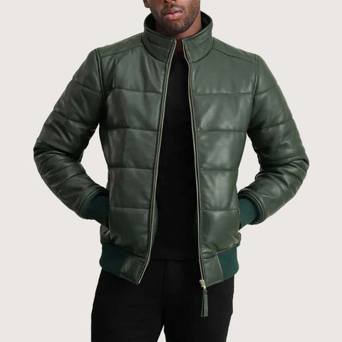 Lucas Green Leather Puffer Bomber Jacket