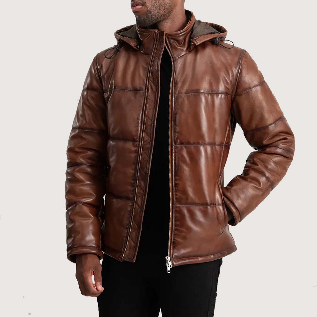 Gordon Waxed Brown Hooded Leather Puffer Jacket