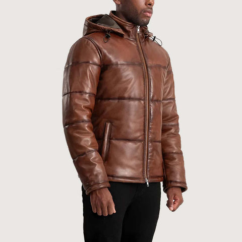 Gordon Waxed Brown Hooded Leather Puffer Jacket