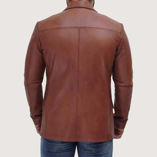 Mens Tan Outer Pocket Leather Blazer Jacket