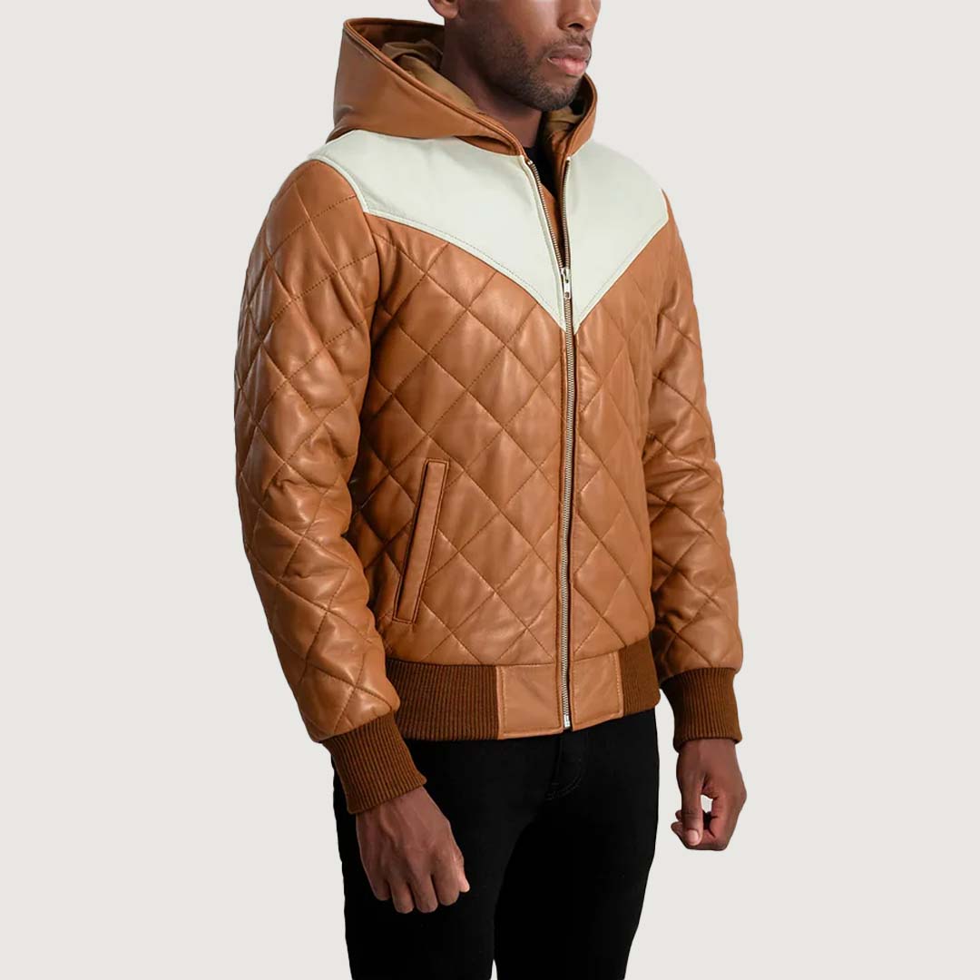 Norman Tan Hooded Bomber Leather Puffer Jacket