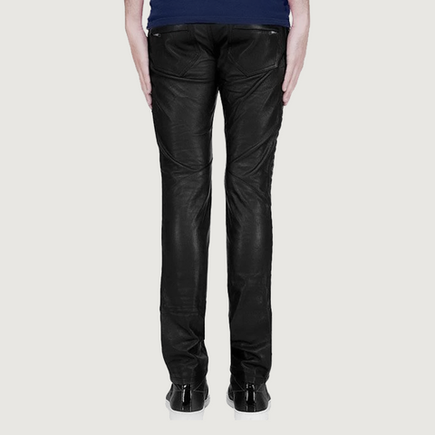 Waist Belted Black Leather Biker Pants
