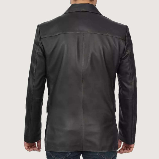 Mens Two Button Black Leather Blazer Jacket