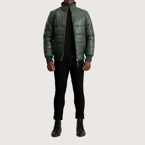 Lucas Green Leather Puffer Bomber Jacket