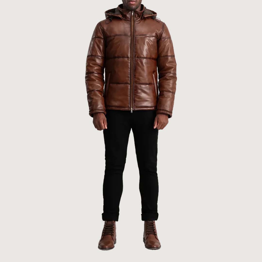 Gordon Waxed Brown Hooded Leather Puffer Jacket