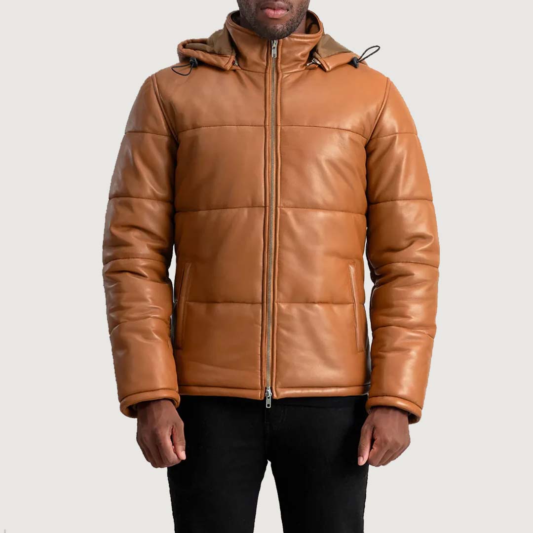 Gordon Tan Hooded Leather Puffer Jacket