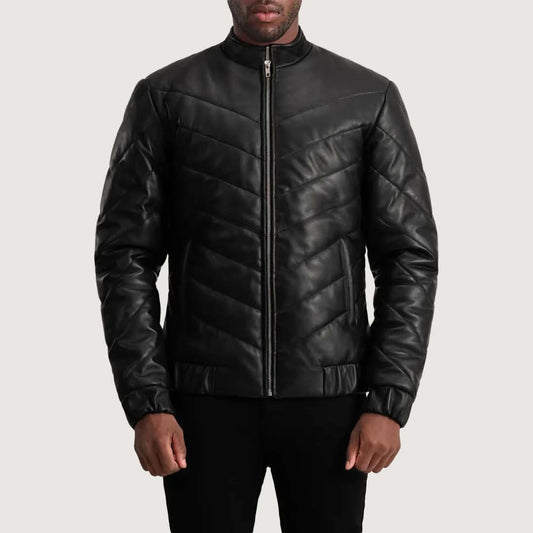 Travis Black Leather Puffer Jacket - Leather Clan