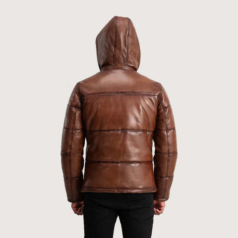 Gordon Waxed Brown Hooded Leather Puffer Jacket